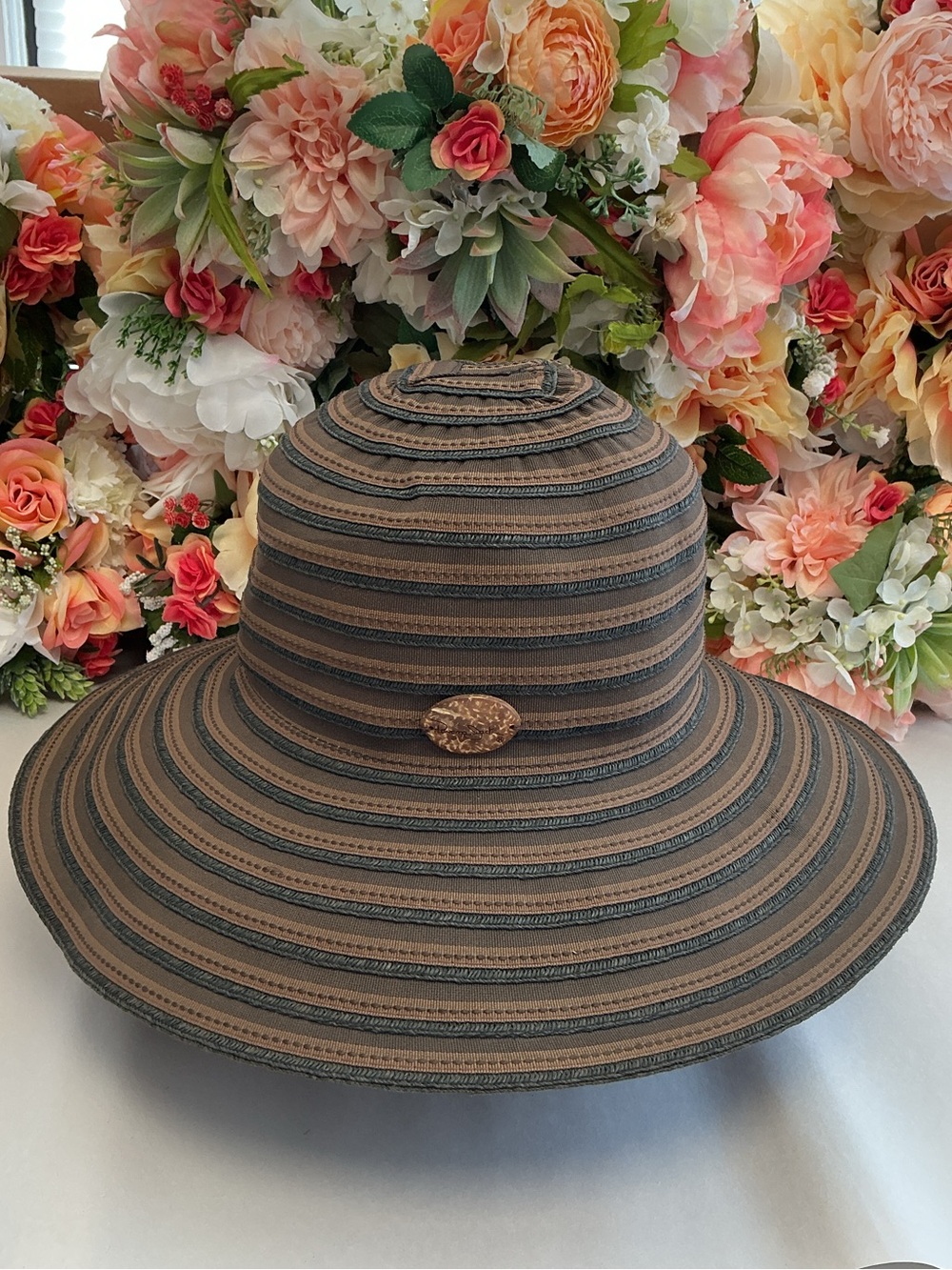 San Diego Hat Co UPF 50+ 5in Wide Brim Ribbon Sun Hat Taupe Adjustable Strap OS